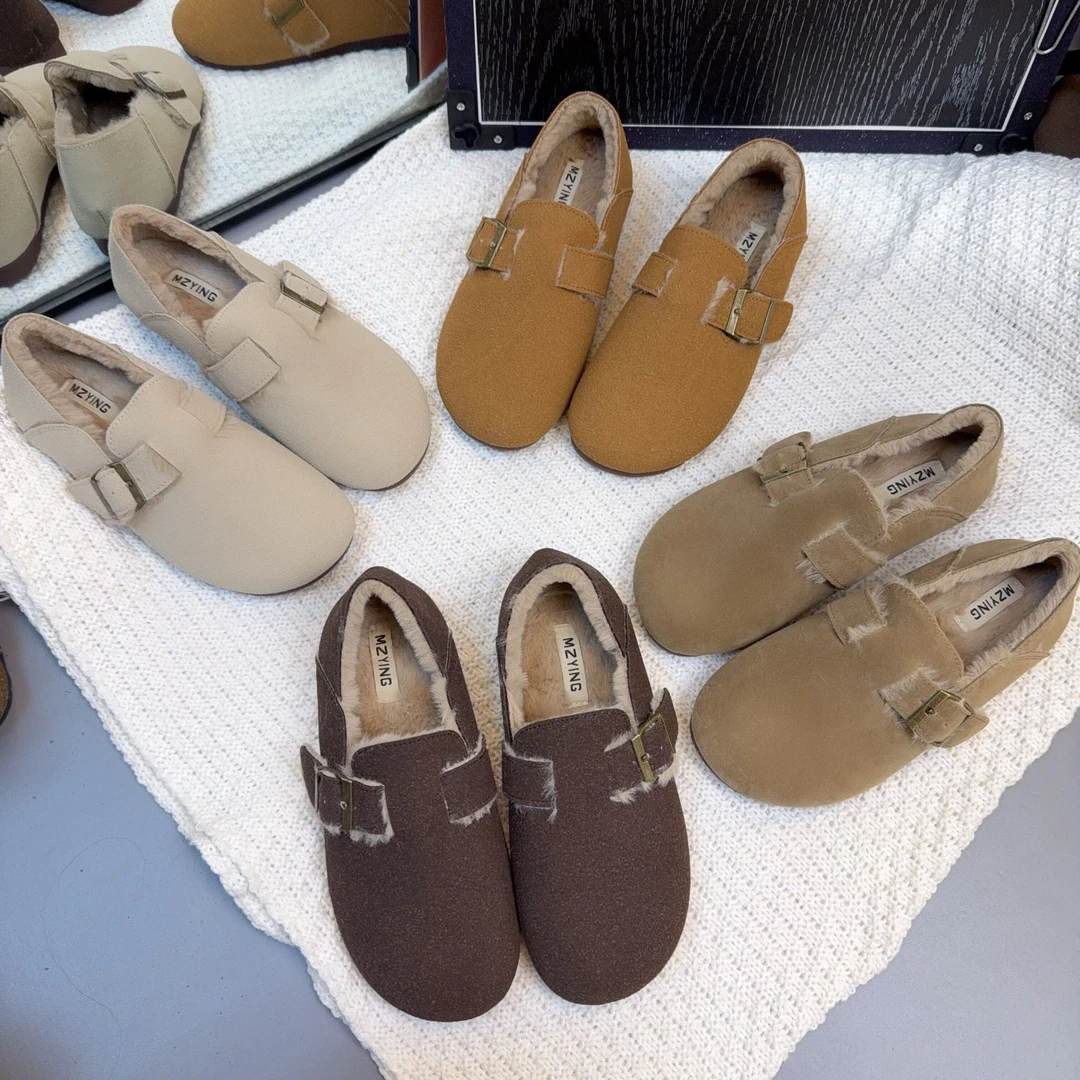 加绒勃肯鞋2024冬季新款加厚单鞋女复古防滑毛毛鞋平底博肯鞋子潮