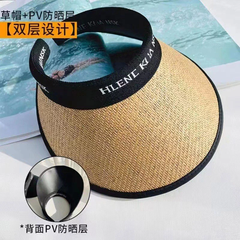 夏季UV百搭草编空顶太阳帽字母发箍黑胶大帽檐防晒遮阳帽个护工具