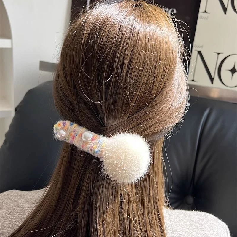 秋冬毛绒夹子水貂毛发夹后脑勺抓夹鸭嘴夹盘发一字夹高端发饰发卡