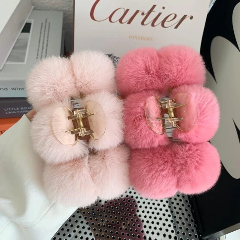 加大号球球发抓真毛獭兔毛盘发抓夹秋冬毛绒发饰