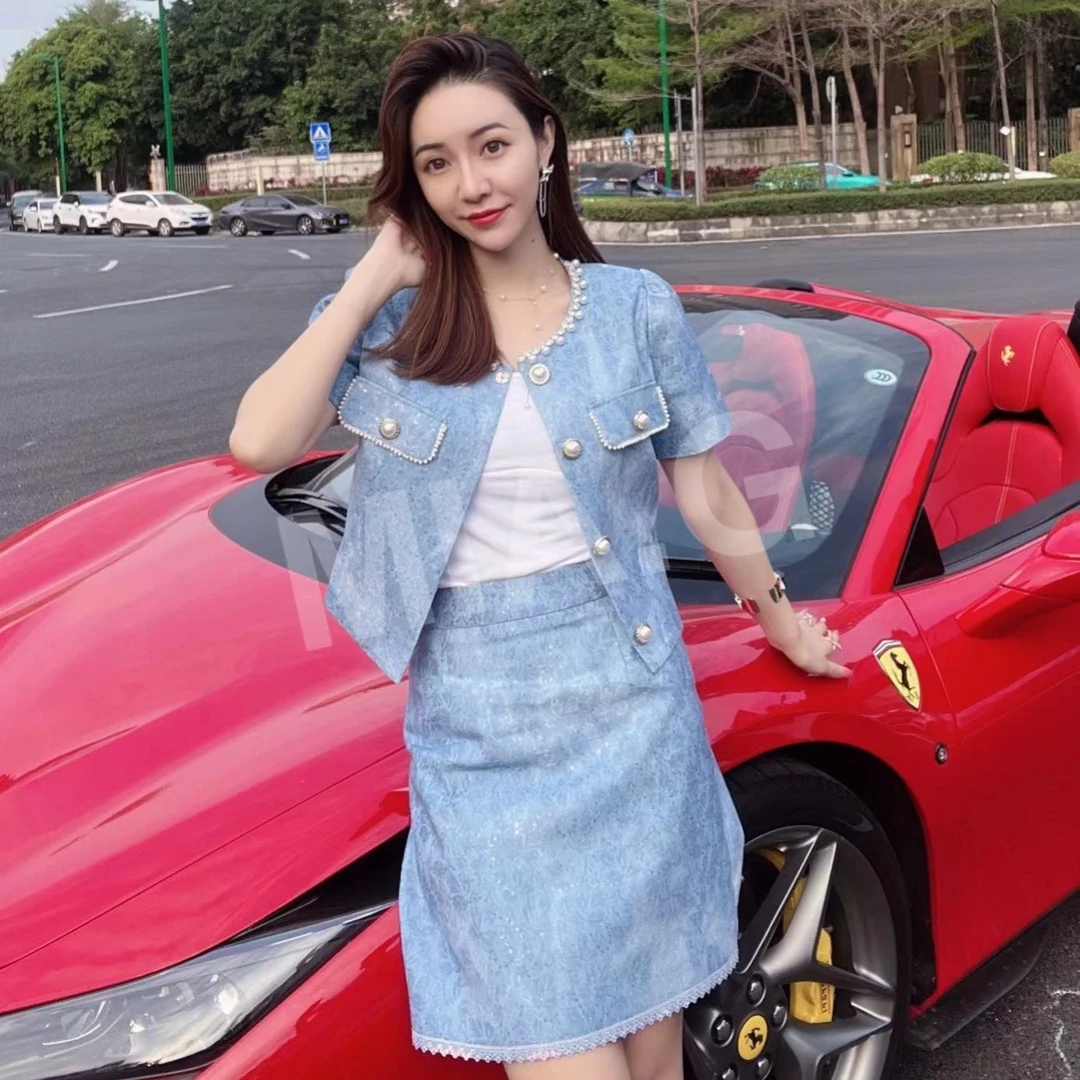 【MIA.G】天空蓝重工钉珠短袖外套                        G408