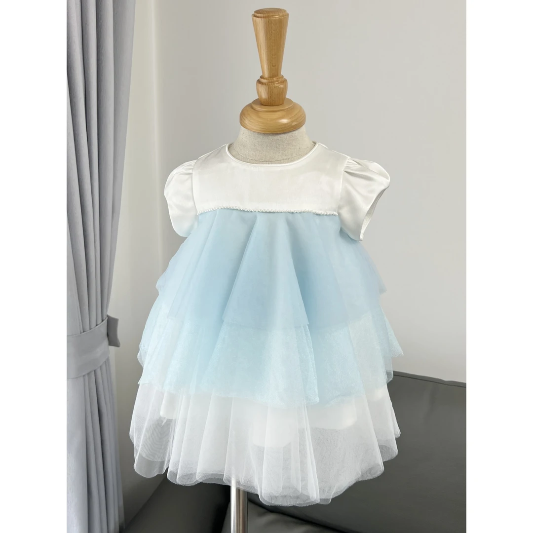 婴幼童高端缎面网纱礼服女宝周岁生日礼服女童蓝色公主蛋糕礼服裙