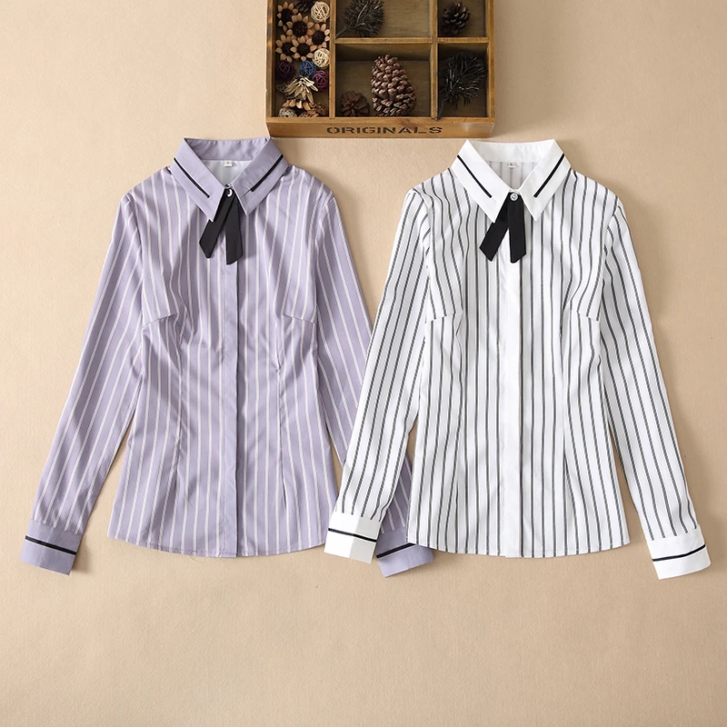 职业衬衫女长袖正装工作服春秋韩版修身条纹工装弹性免烫紫色衬衣