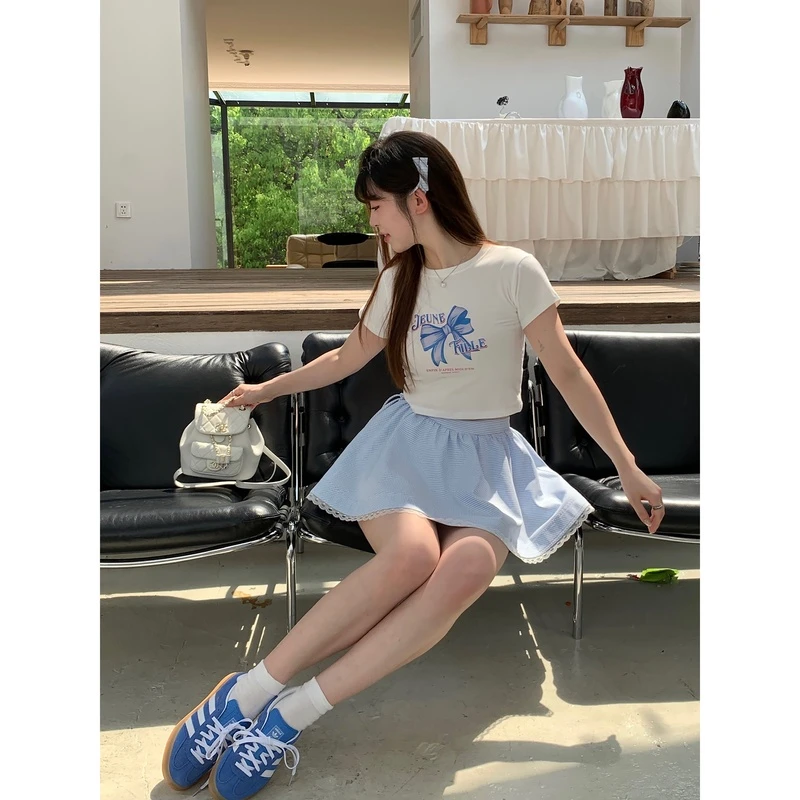 小沈美眉 海盐气泡 蓝格纹设计感蕾丝蓬蓬裙裤夏季少女半身短裙女