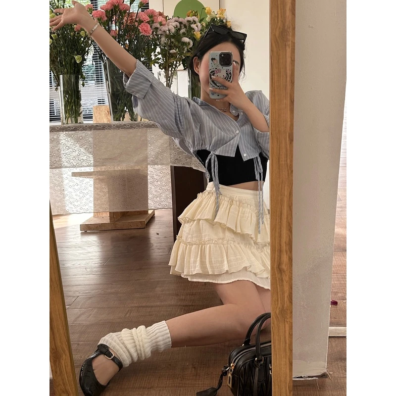 小沈美眉 杏色蛋糕裙法式芭蕾裙2023新款高腰显瘦A字短裙