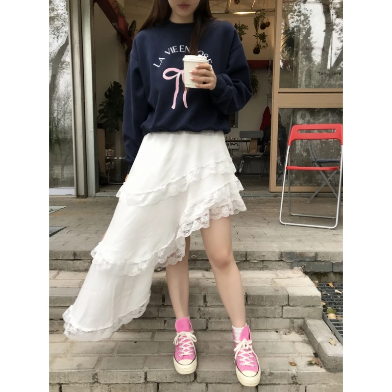 小沈美眉XSMM蕾丝边不规则半身裙子女2024春夏新款设计感蛋糕裙