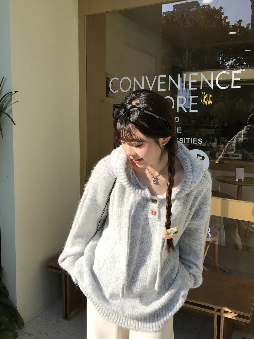 小沈美眉 韩系慵懒风 连帽宽松毛衣春秋套头针织衫卫衣女