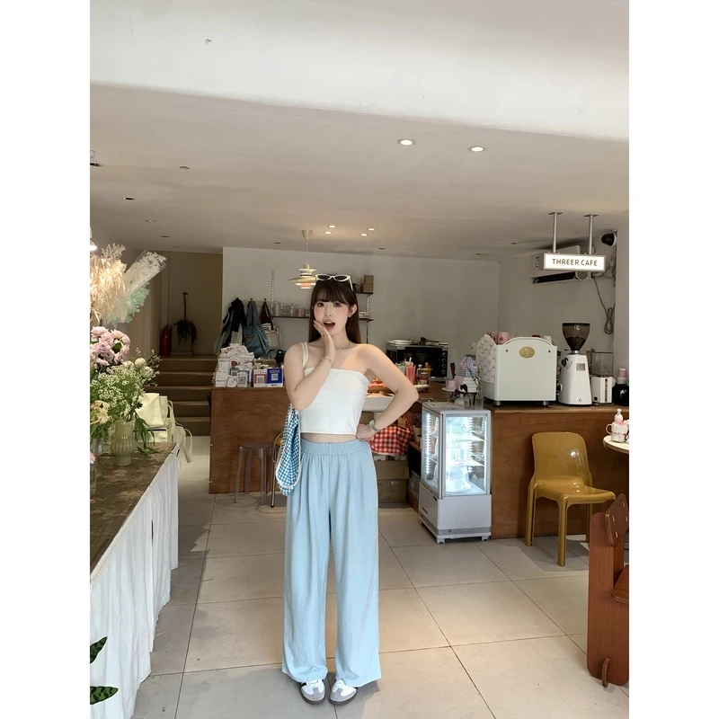 小沈美眉微胖梨形显瘦松紧高腰垂坠感阔腿裤夏季轻薄休闲裤字女