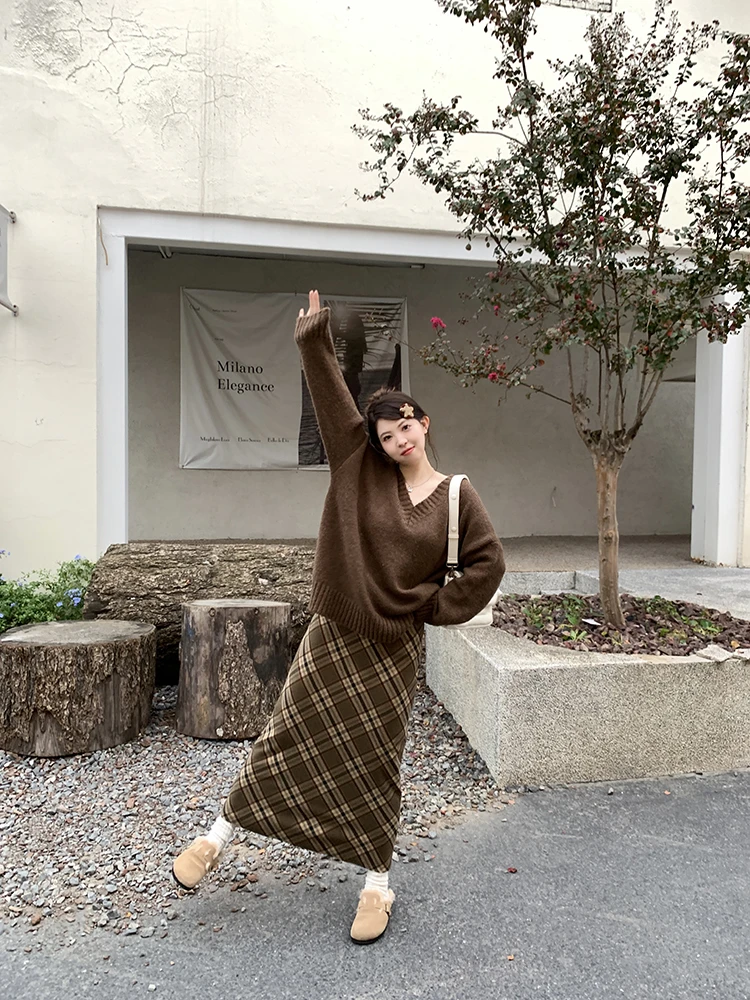 小沈美眉 美拉德 加厚格子半身长裙春秋新款高腰显瘦A字裙子女