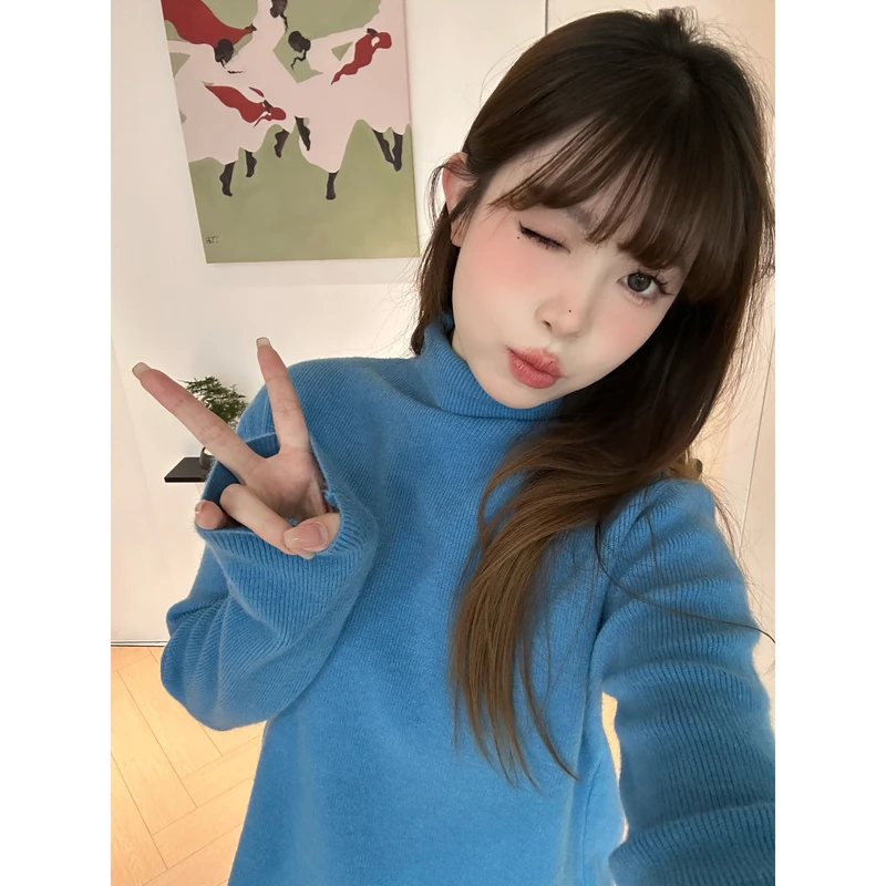 小沈美眉 鬼马少女 高领宽松套头打底针织衫秋冬堆堆领内搭上衣女