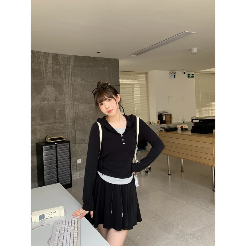 小沈美眉 显瘦韩版设计感假两件连帽卫衣短裙套装2024秋季新款女