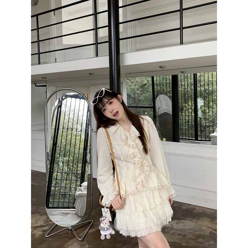 小沈美眉XSMM重工法式荷叶边衬衫2024春季新款蕾丝蛋糕短裙子女