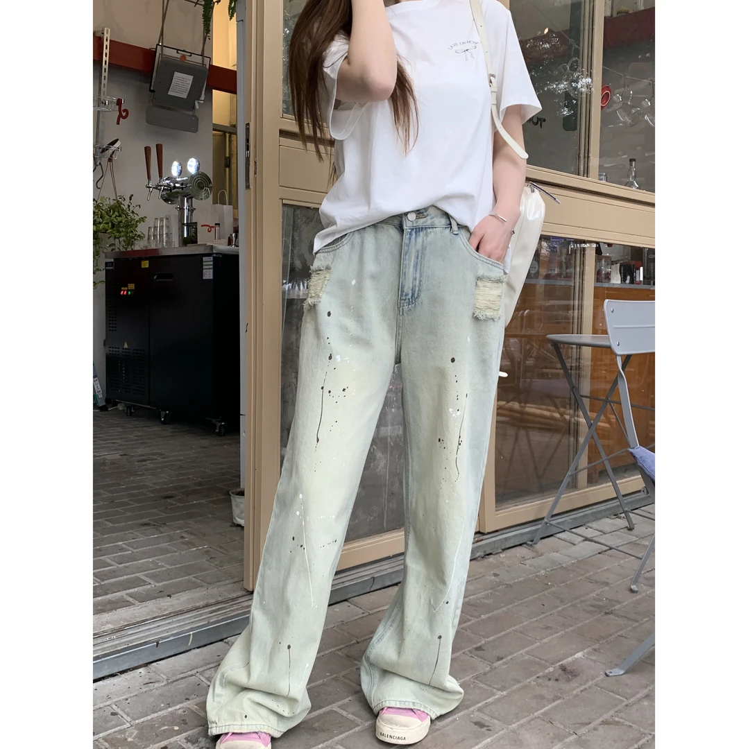 小沈美眉XSMM微胖梨形显瘦泼墨破洞牛仔裤子女设计感高腰拖地长裤