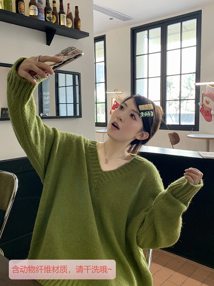 小沈美眉 慵懒风 宽松V领毛衣春秋新款针织衫上衣女