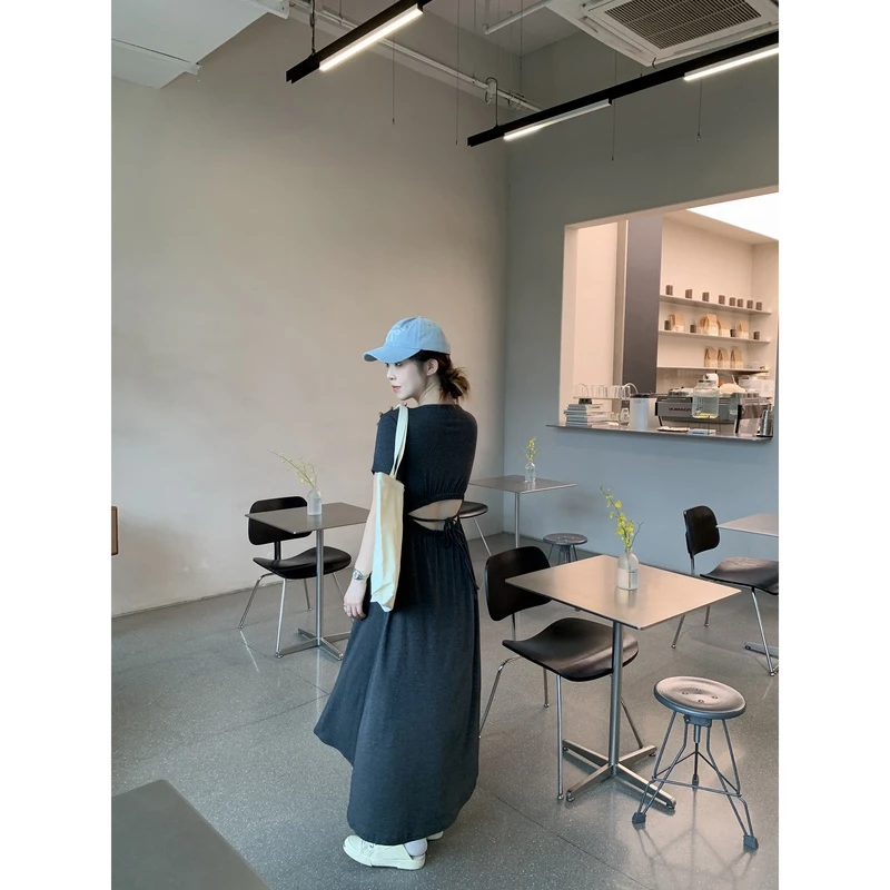 小沈美眉 鬼马少女 镂空系带显瘦收腰连衣裙夏圆领短袖长裙子女