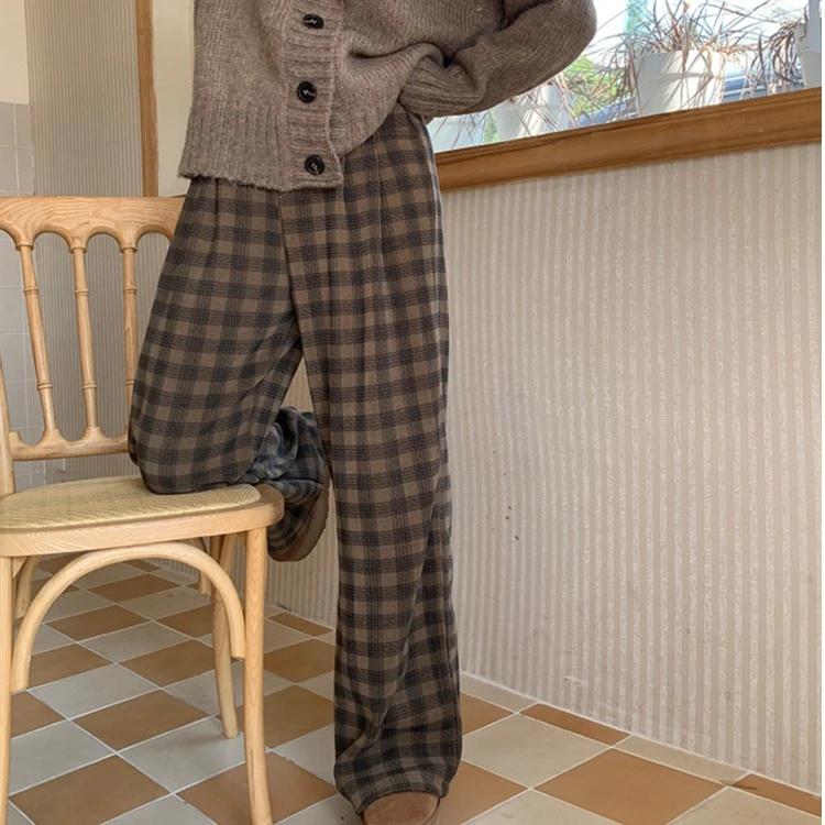 小沈美眉 微胖梨形显瘦垂感格纹休闲裤子女阔腿直筒拖地裤