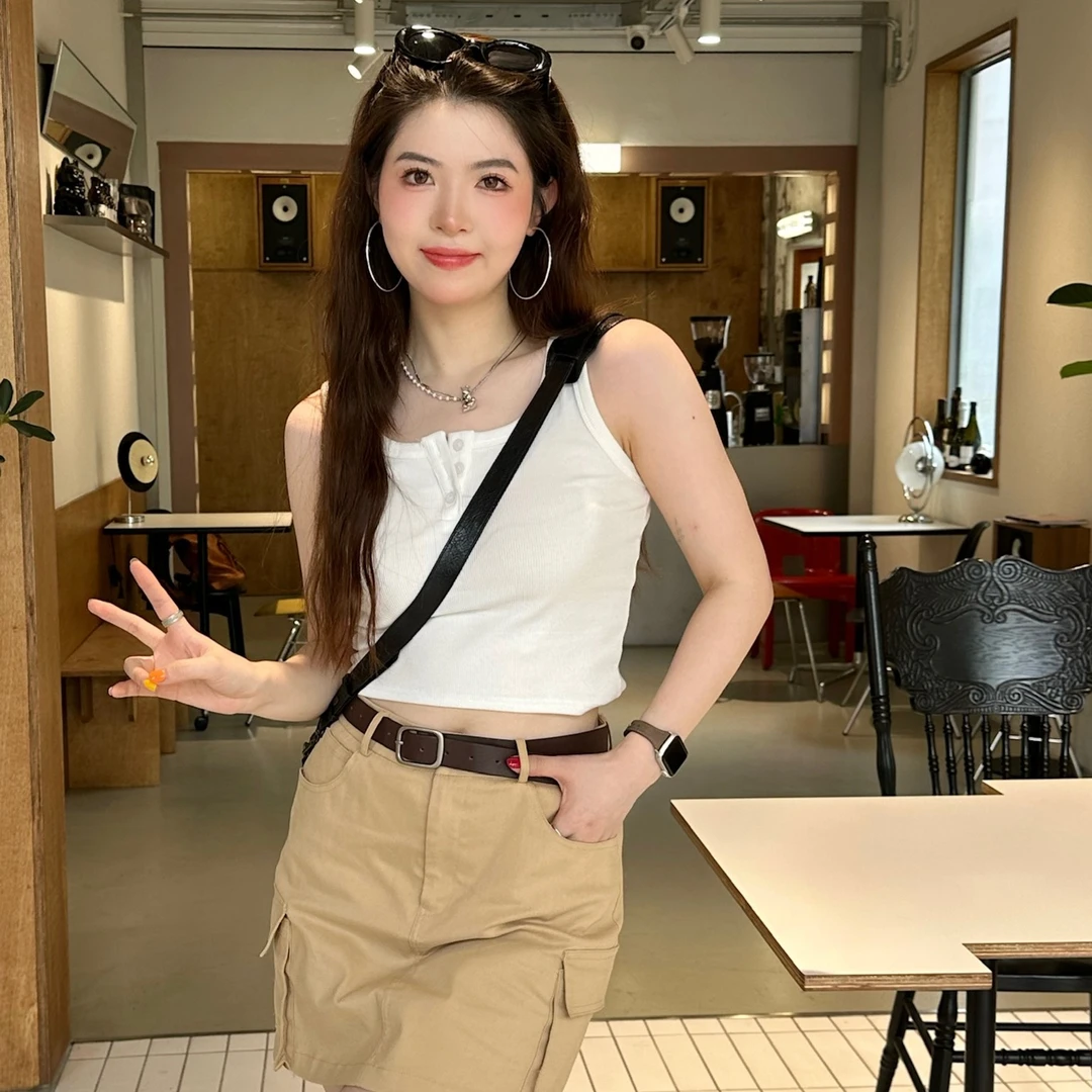小沈美眉 美式高弹显瘦遮副乳U领打底上衣女纯色百搭吊带背心