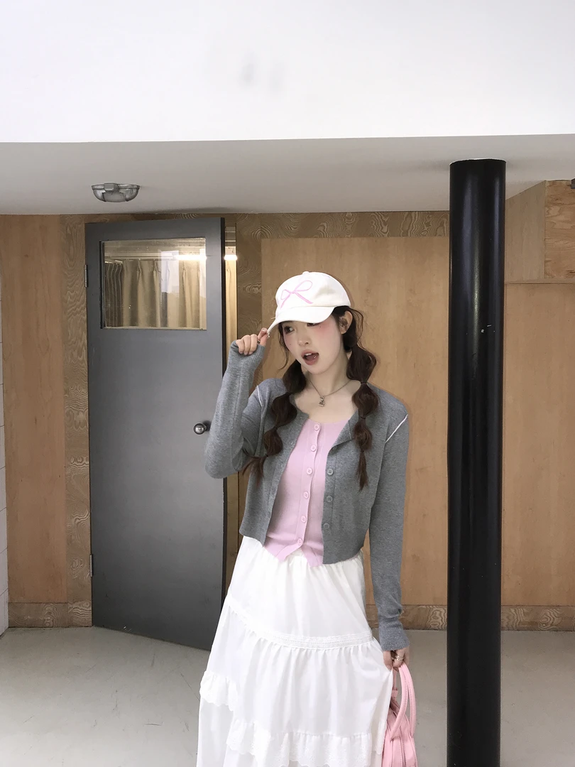 小沈美眉XSMM高级感粉色假两件针织开衫女2024春季新款圆领上衣女