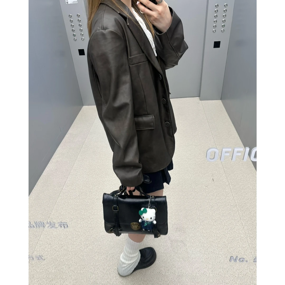 小沈美眉 夜与法兰西 长袖宽松西装皮衣外套复古皮夹克上衣女
