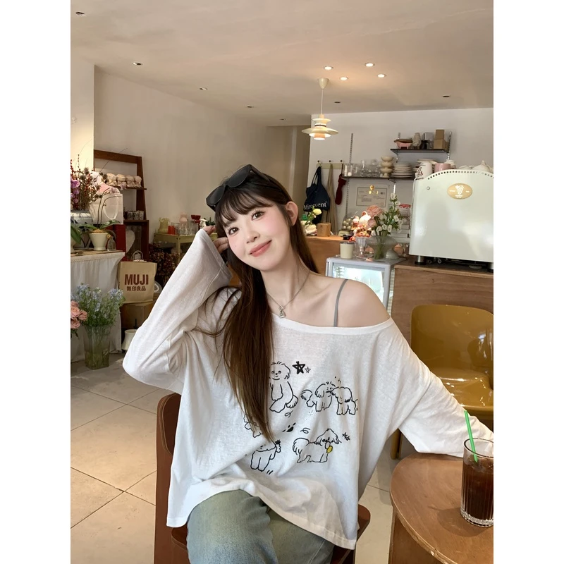 小沈美眉xsmm夏季防晒罩衫斜肩T恤女轻薄款白色宽松长袖露肩上衣