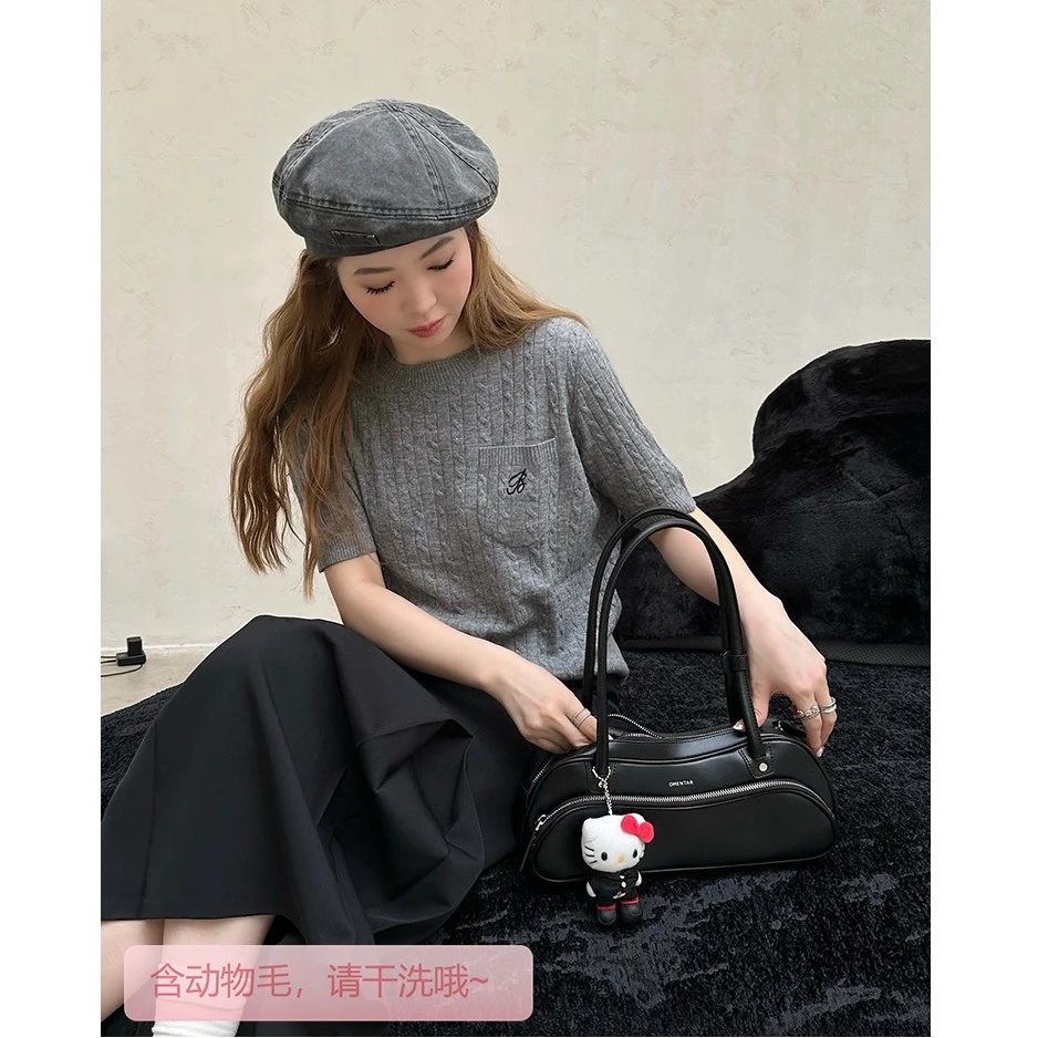 小沈美眉 首尔风铃 100%绵羊毛针织衫韩系简约短袖圆领上衣女