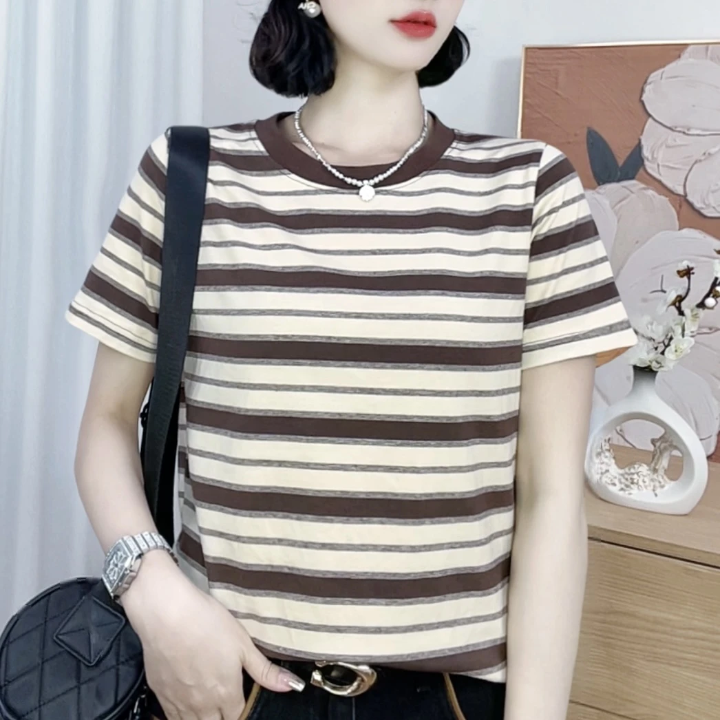 【高品质 】2024新款夏季薄款透气减龄洋气圆领短袖棉T恤衫