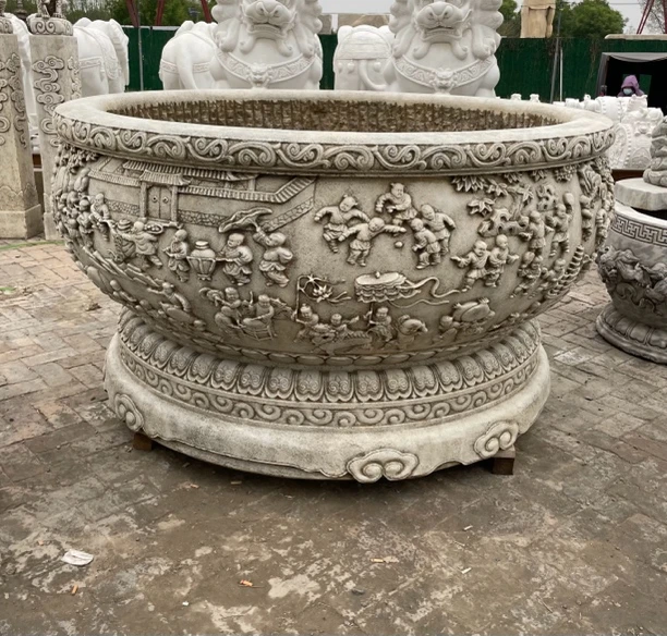 百子迎春图石缸，门海，汉白玉，直径2.2米高1.1米，公司、庭院之选