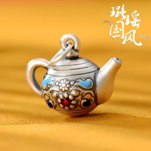 足银银制品 茶壶银饰品古法纯手工錾刻锤纹复古空心创意国风做旧