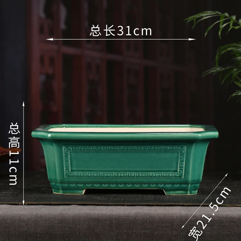 张治诚老师手工回纹小莲叶长方切角马槽花盆盆景盆陶瓷