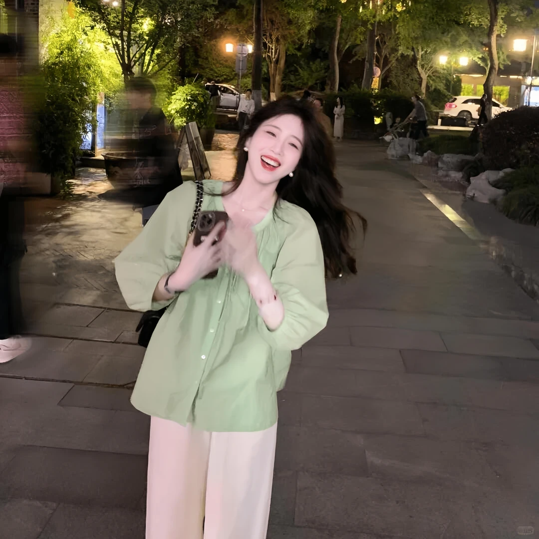 2024新款薄款衬衣上衣小香风套装夏季高腰休闲裤时尚百搭阔腿裤女