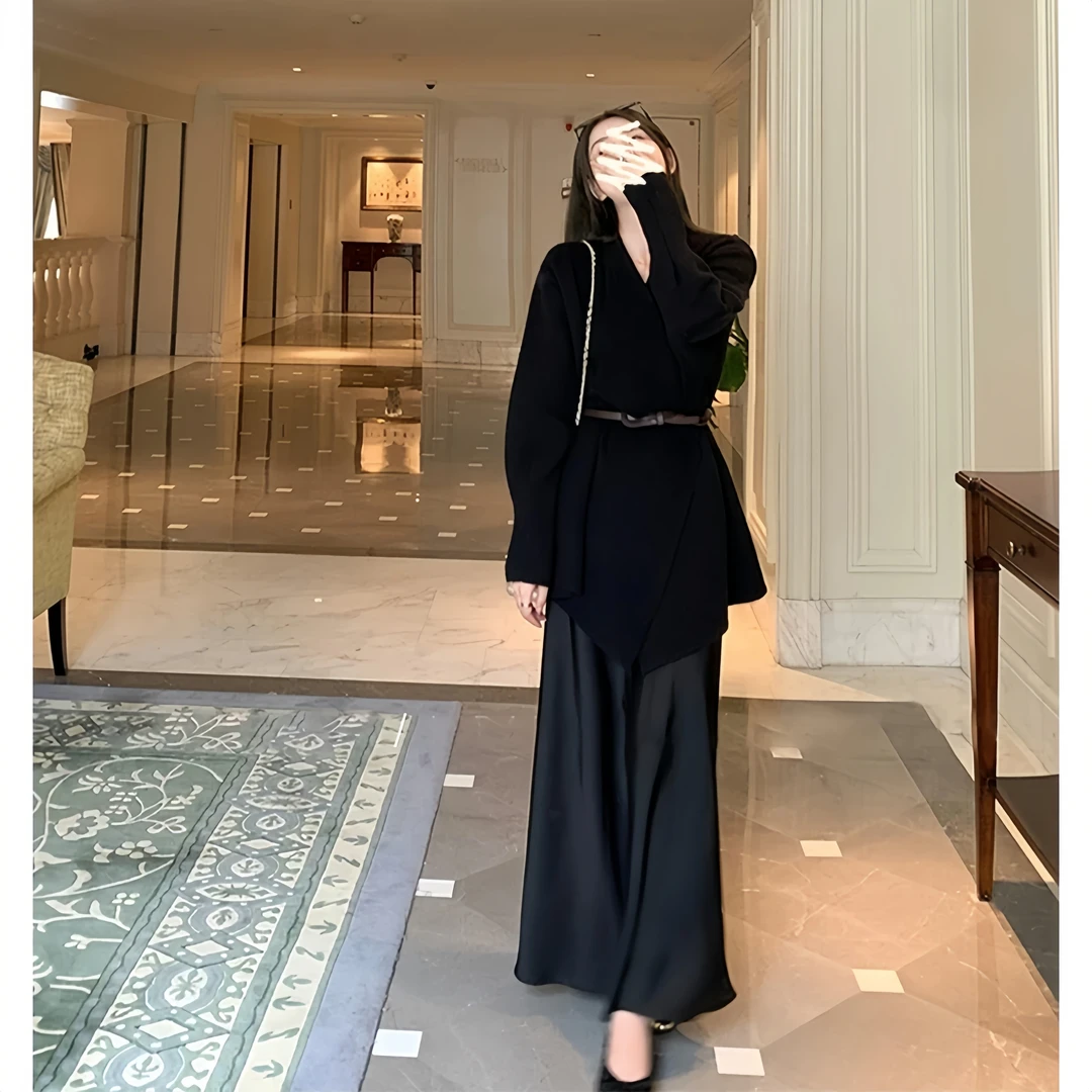 2024秋冬新款二件套女装法式翻领收腰针织毛衣外套高腰鱼尾半身裙