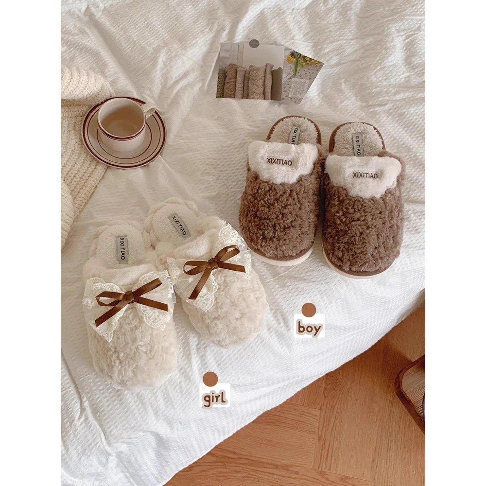 复古毛绒绒保暖情侣棉拖鞋冬季网红可爱蝴蝶结居家包头月子鞋男女