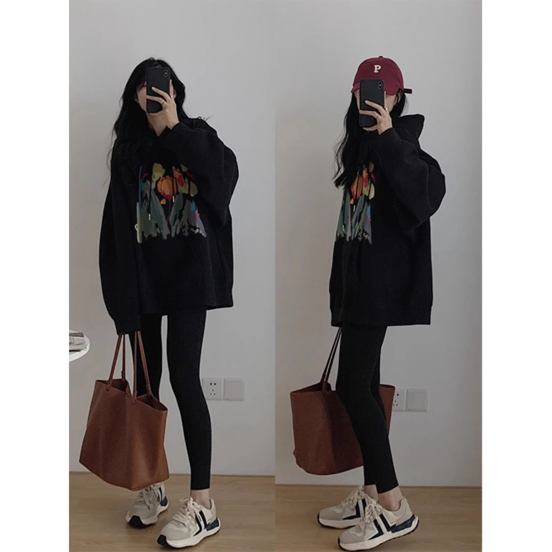 黑色连帽卫衣女年新款春秋冬季宽松显瘦百搭加绒长袖上衣
