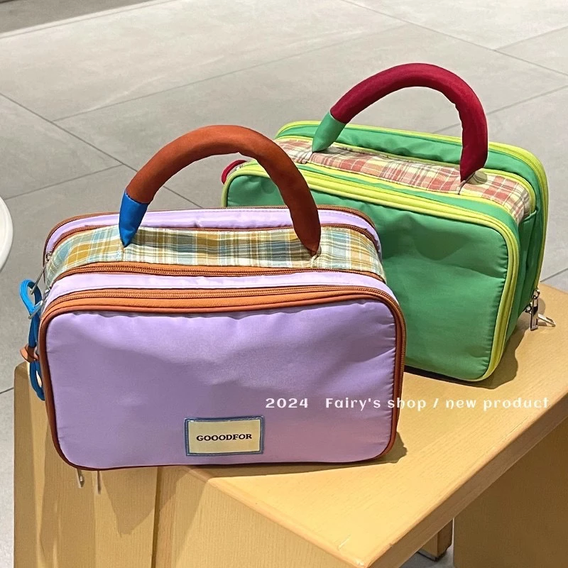 化妆包高级感撞色手提化妆包大容量牛津布防水洗漱包化妆品收纳包