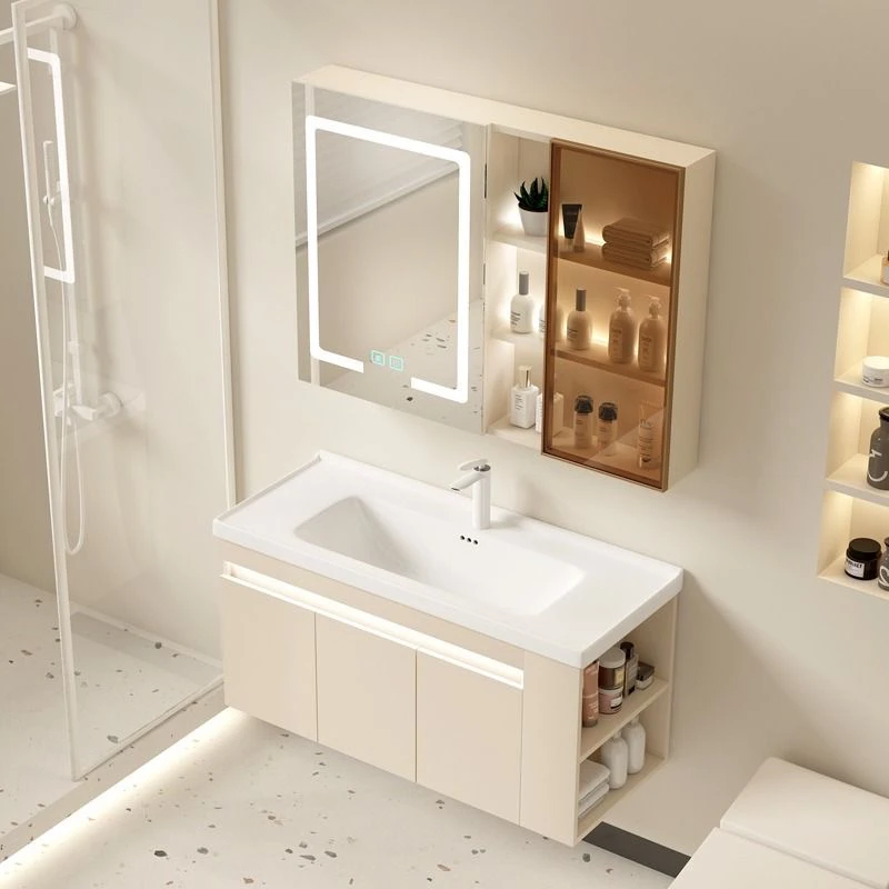 奶油风40cm窄宽小户型实木浴室柜组合一体陶瓷洗手盆洗脸池洗漱台