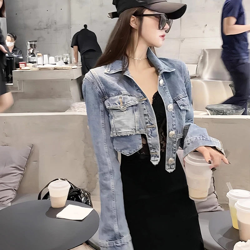 春秋短款长袖牛仔外套女夏季薄款拉链袖口露兜个性复古网红宽松衣
