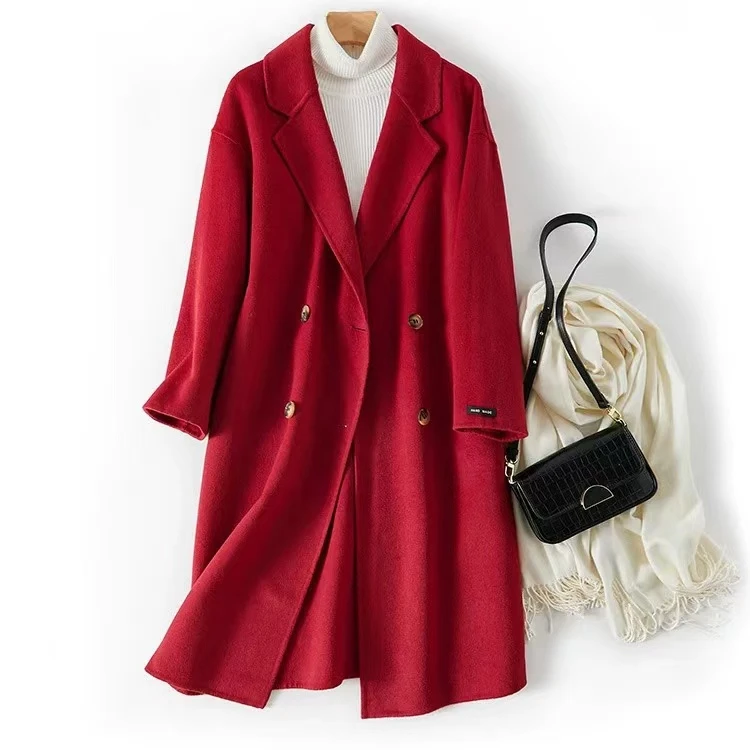 气质时尚双面大衣宽松中长款双排扣羊毛外套2589