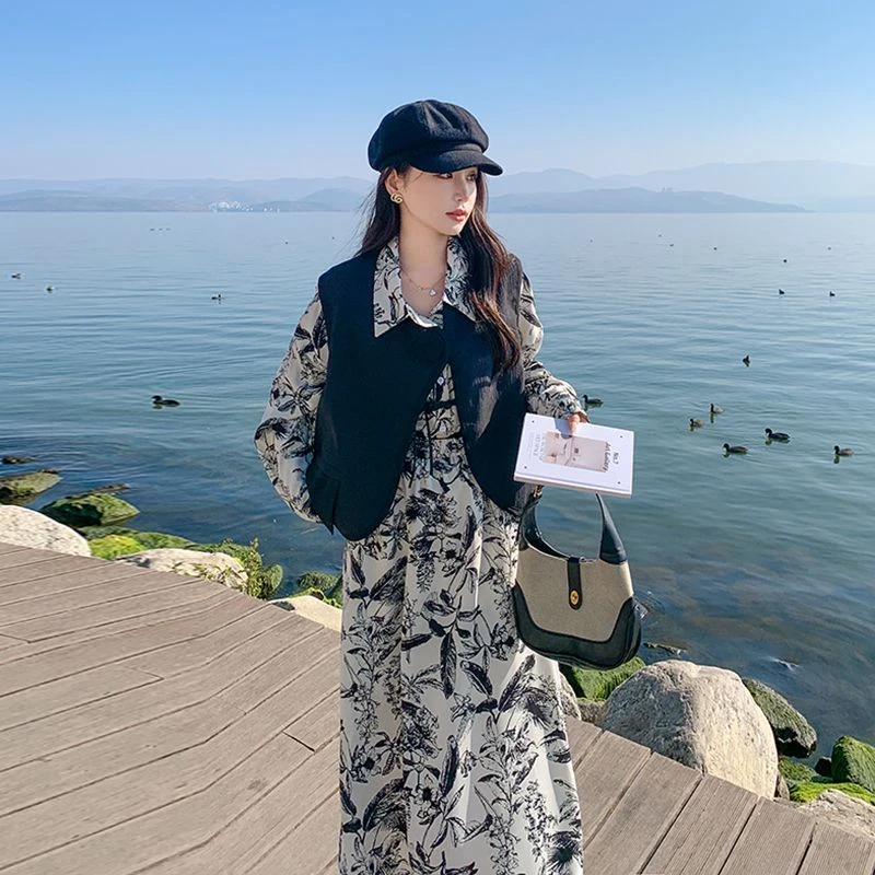 新中式水墨风套装裙女春秋新款时尚超好看气质绝美三件套显瘦收腰