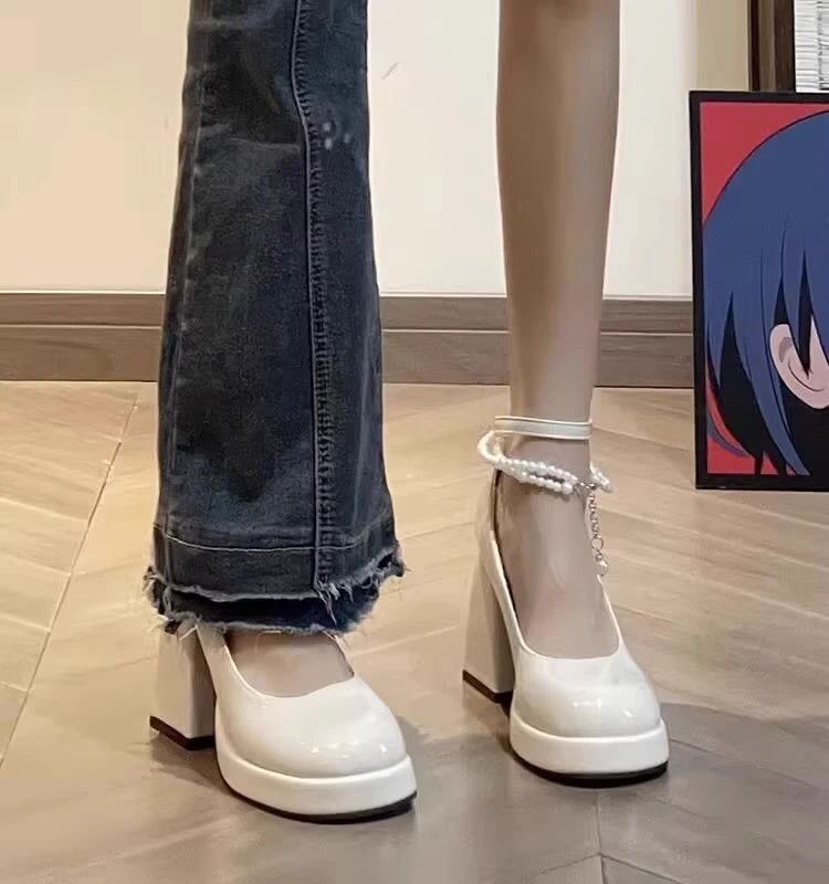 法式浅口珍珠仙女风玛丽珍鞋子2025春秋季防水台粗跟一字扣高跟鞋