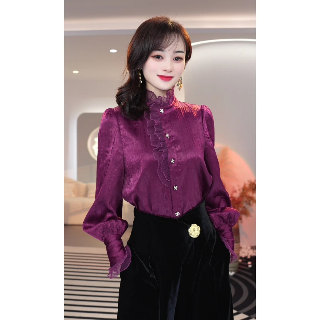 现货2025春季新款[Q23-Q130-1]高级感气质紫色显瘦百搭小众上衣女