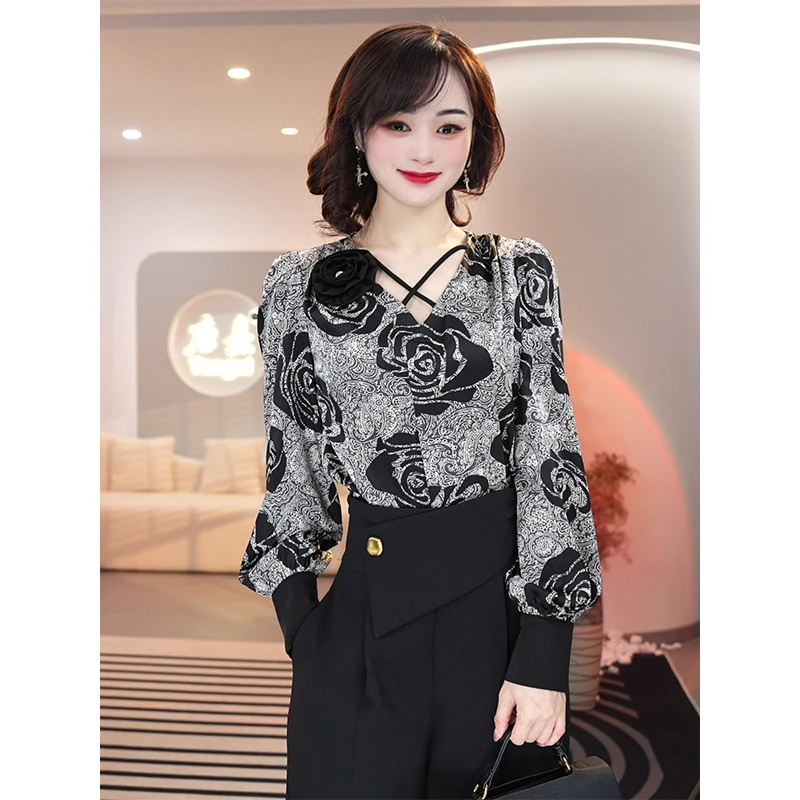 现货2025春季新款【LT24-C129】气质高级感图腾腰果花百搭衬衫上衣