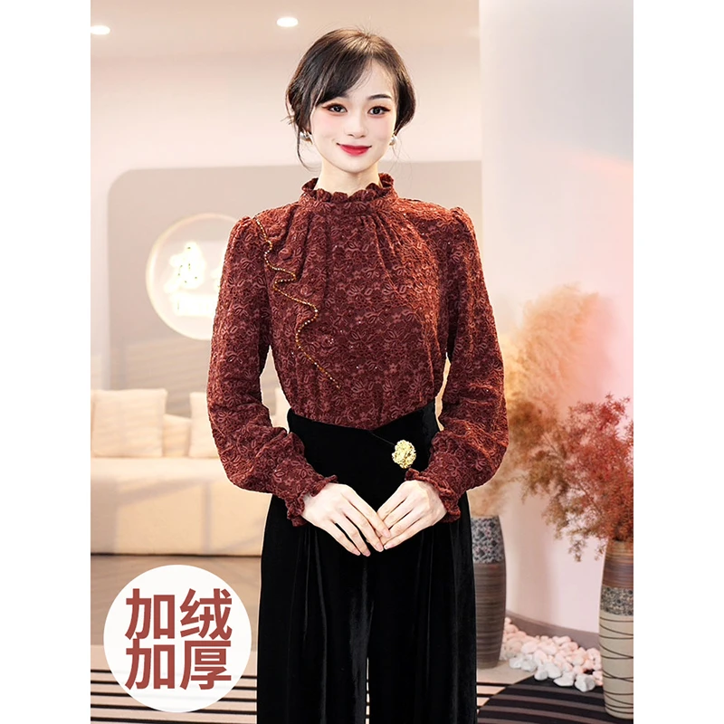 预售2025秋冬新款【X24-Q300】宽松高级气质蕾丝时尚植绒衬衫上衣女