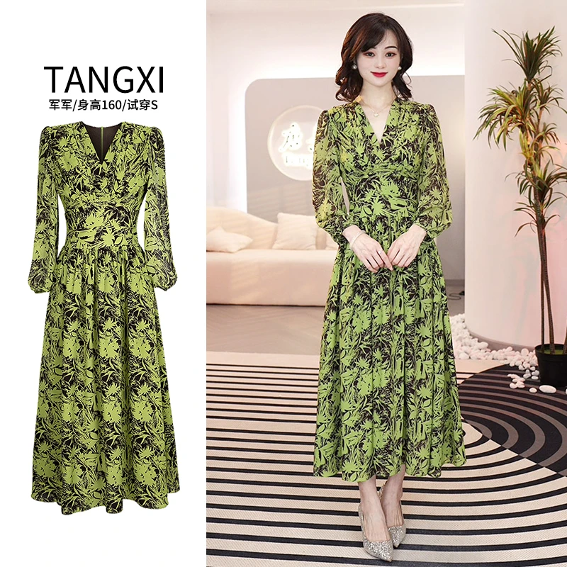 现货2025夏季新款【5090】气质小众茶歇裙绿色碎花收腰连衣裙子女士
