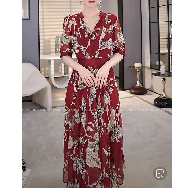唐熹现货2025年夏季新款【ZF-110】女装法式设计感红色印花连衣裙子