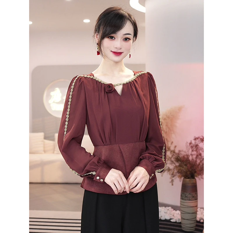 现货2025秋季新款【ZM24-Q592】显瘦设计时尚重工红色长袖衬衫上衣