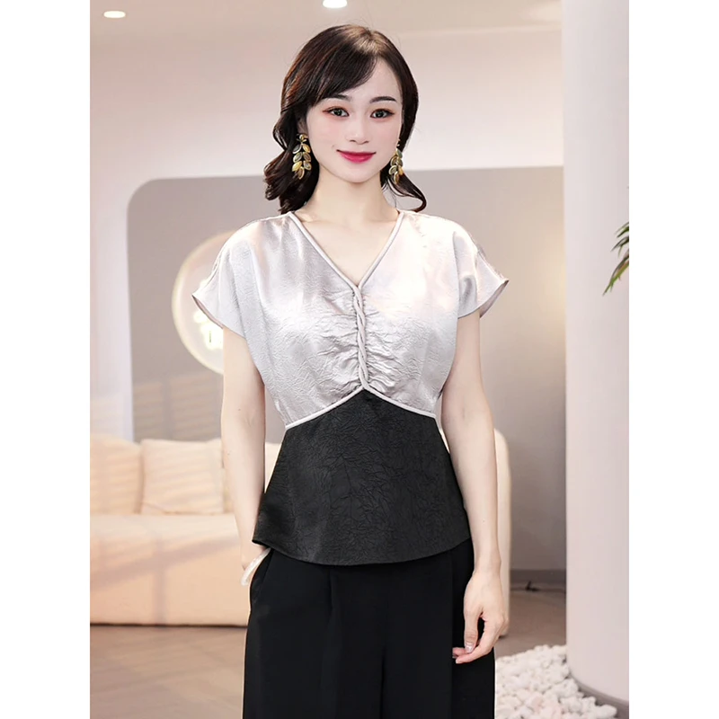 2025夏季新款【X24-X167】气质显瘦轻奢时尚高级V领短袖衬衫上衣女