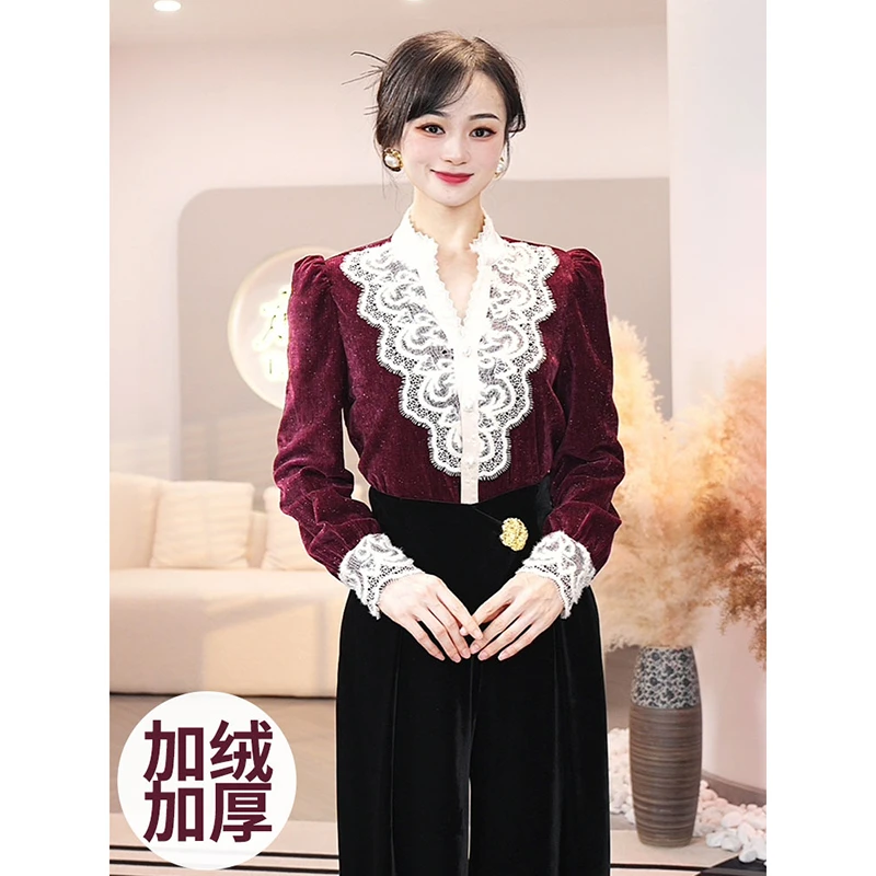 2025秋冬新款【ZM-D736】加绒加厚烫钻设计感红色丝绒衬衫上衣