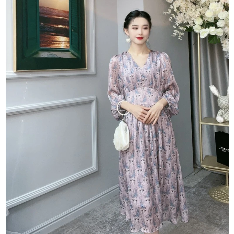 现货2025新款【曲水幽兰】温柔风收腰显瘦显高气质v领长袖连衣裙