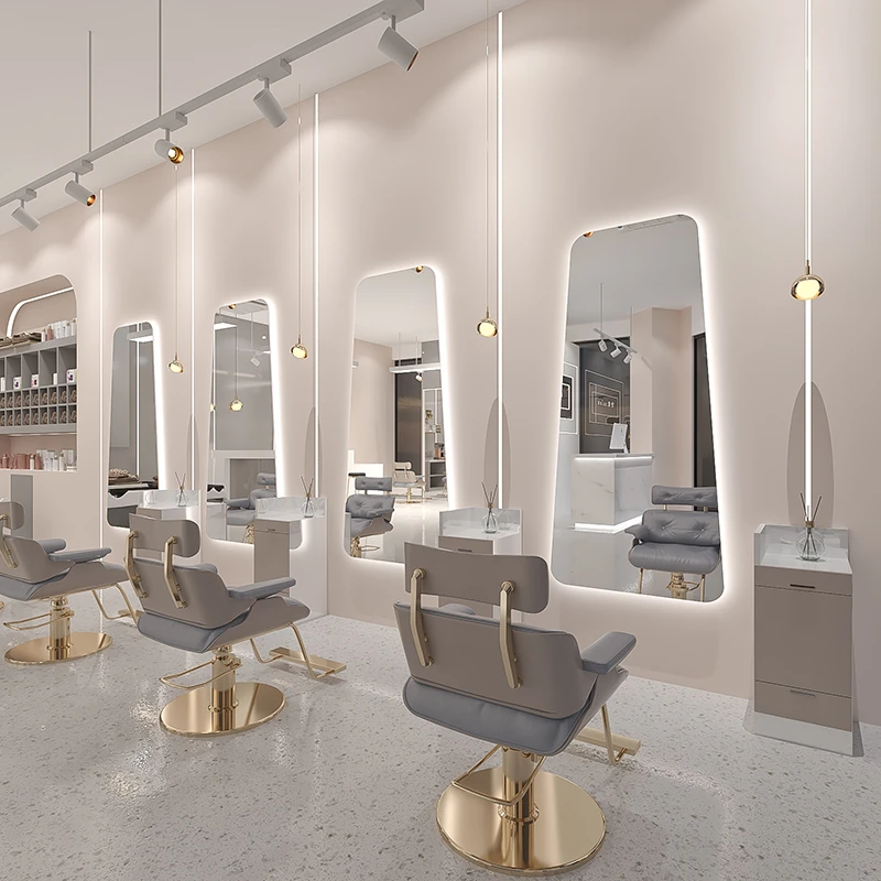 美发镜台理发店专用网红镜子挂墙单面落地带灯镜壁挂式发廊LED镜