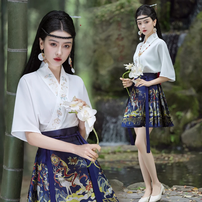 新中式短款织金马面裙2024新款刺绣短袖上衣一片式马面短裙夏季可